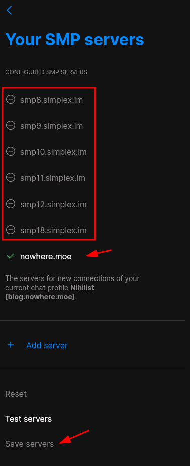 SimpleX message server settings