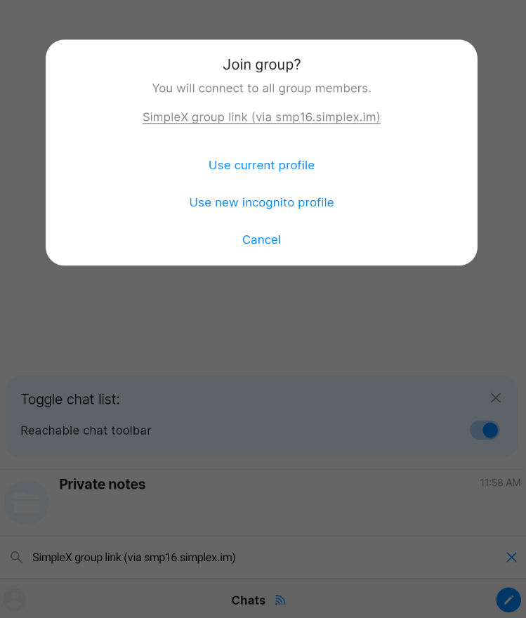 Selecting an incognito profile in SimpleX